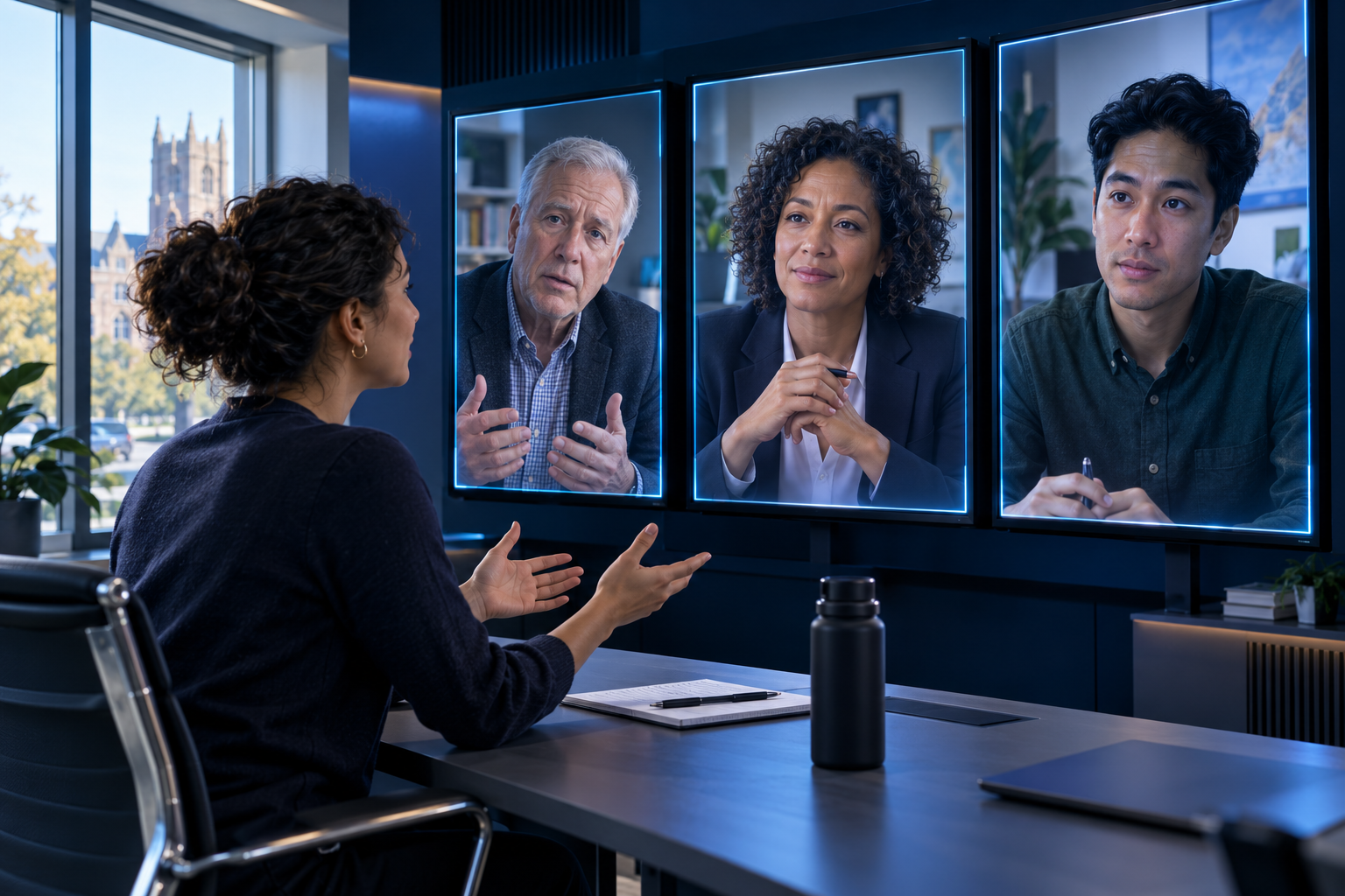 A learner in a civic service training room faces three distinct, lifelike AI stakeholders with different concerns; portraits are large and expressive.