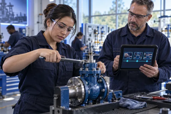 A learner completes a technical bench task while an assessor checks a clear evidence timeline; focus on demonstrated action rather than an exam screen.