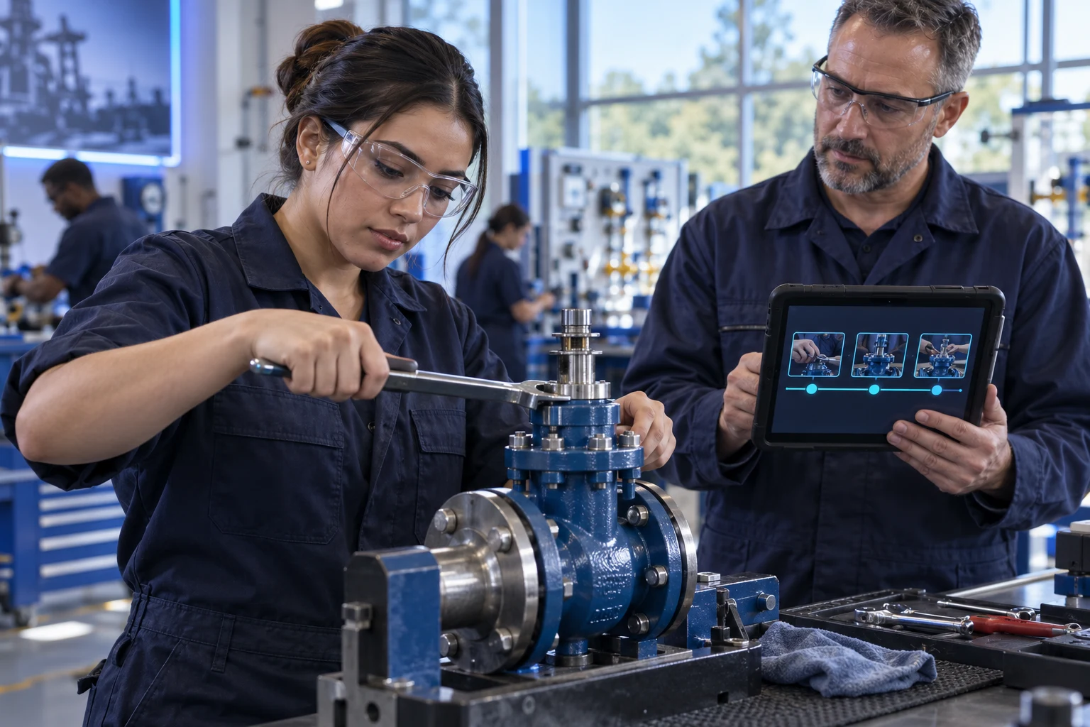 A learner completes a technical bench task while an assessor checks a clear evidence timeline; focus on demonstrated action rather than an exam screen.