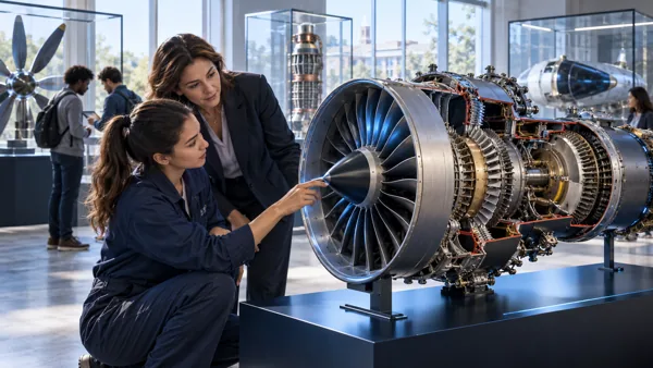 A single aircraft turbine section on a museum-quality dark plinth, surrounded by three large thumbnail cards for selected real library equipment.