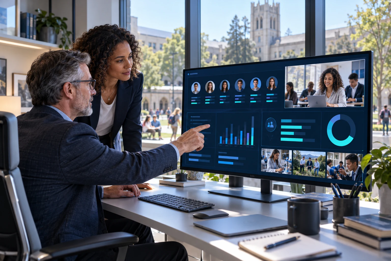 An academic administrator in a calm campus office sees class progress, licence capacity and selected results on a clear large screen.