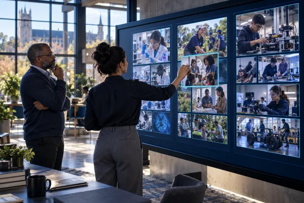 An educator curates a large, image-led campus experience wall showing science, civic service and technical practice, with clear collection cards.