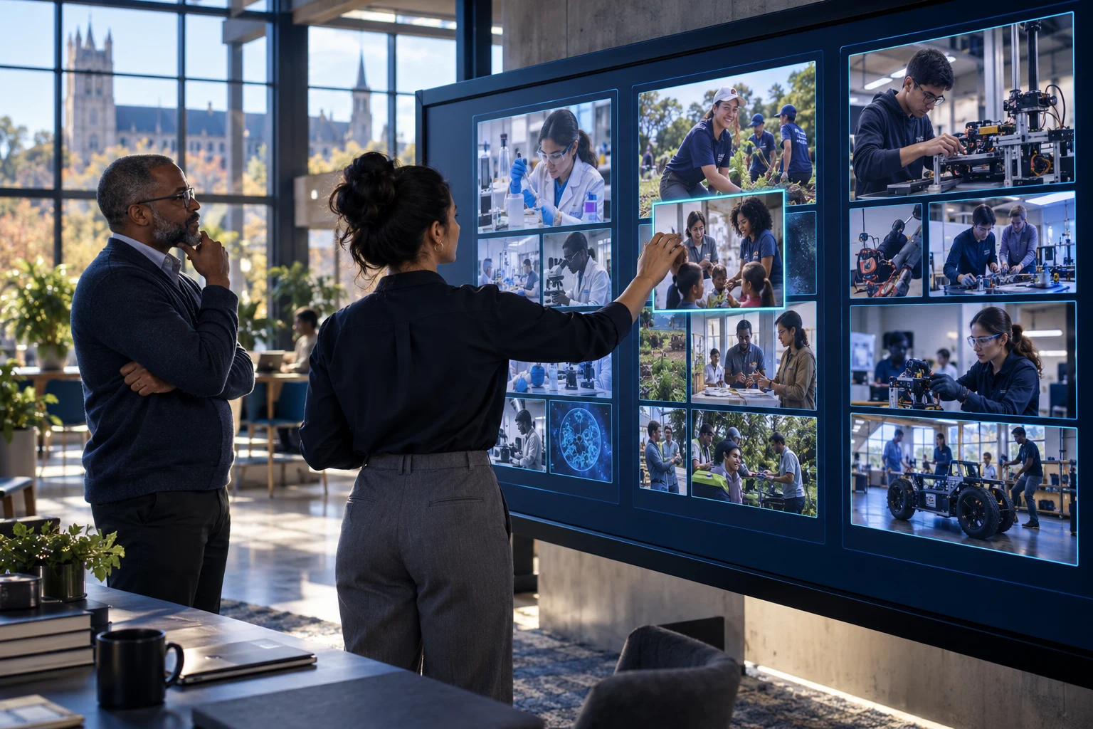 An educator curates a large, image-led campus experience wall showing science, civic service and technical practice, with clear collection cards.