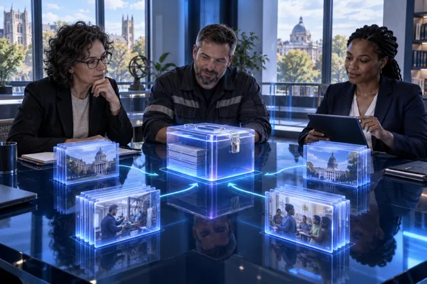 Three academic and civic reviewers around a luminous evidence table, where four source folders become one sealed, traceable knowledge package.