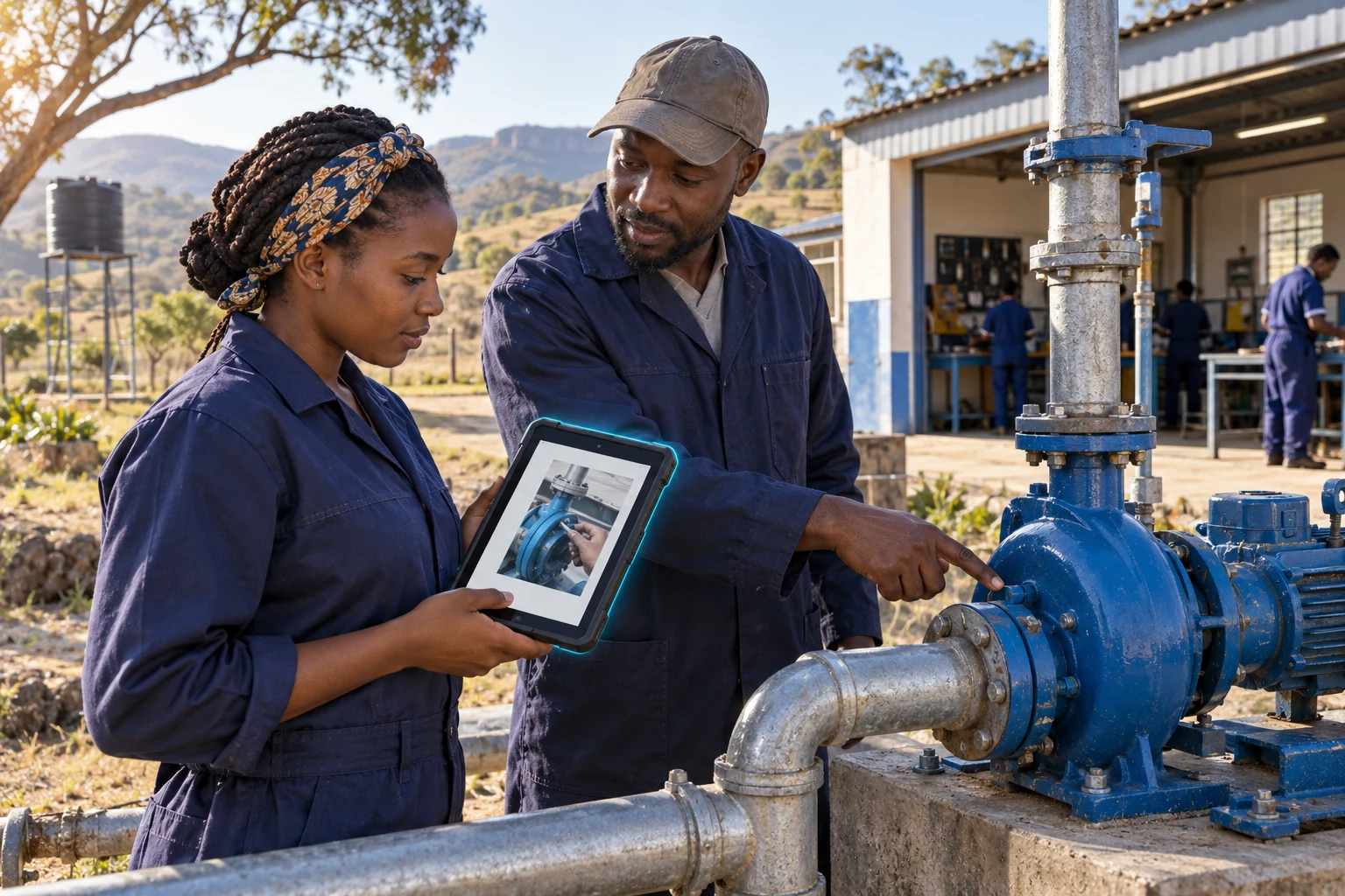 A learner and instructor at a remote water-pump training station, with a local device showing the next prepared step and no cloud icon.
