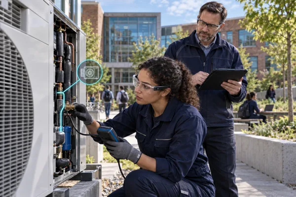 An apprentice inspects a real campus heat-pump installation with wearable guidance; a human supervisor stands nearby reviewing the same task.