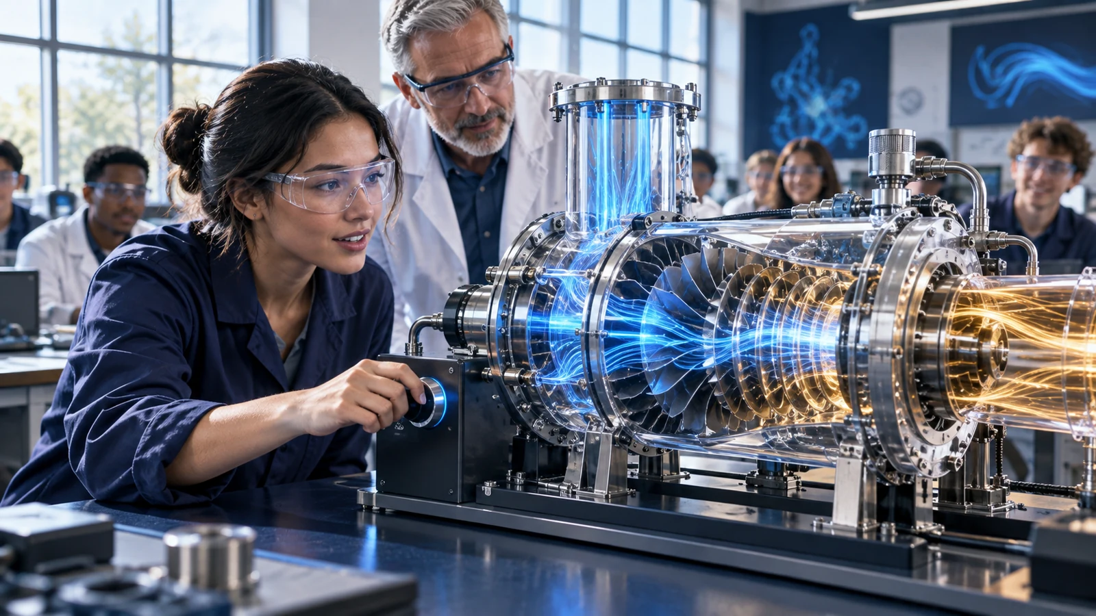 A transparent teaching compressor in a university fluids lab; blue flow and amber energy paths visibly change as a learner adjusts an input.