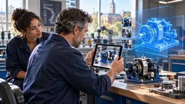A teacher photographs a compact teaching rig in a vocational lab; the same geometry appears on a tablet as an editable blue model.