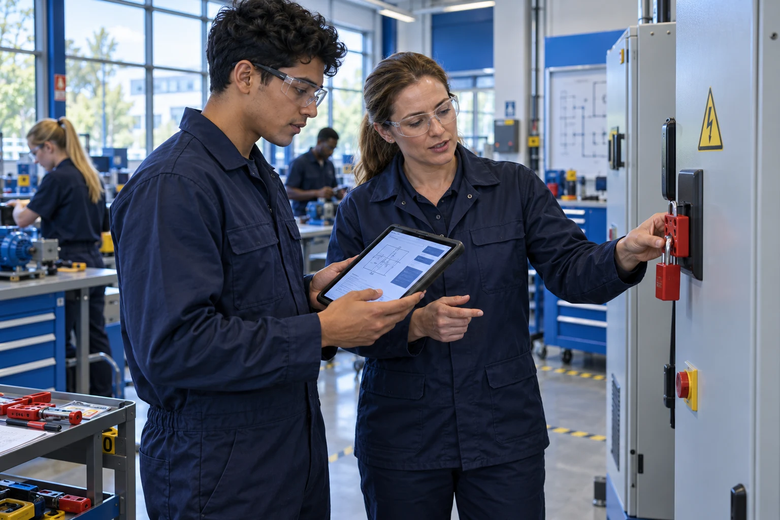 A vocational learner and authorised instructor review an isolation plan beside a training electrical cabinet, with evidence plainly visible on a tablet.