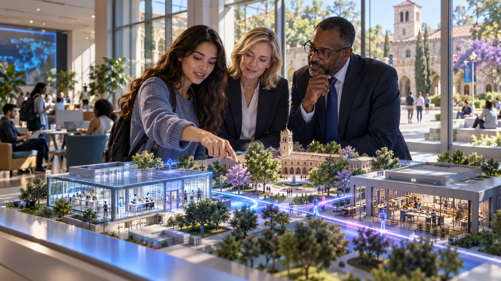 A learner, an educator and a civic leader around a luminous campus model; a science lab, heritage courtyard and engineering workshop in the same believable setting.