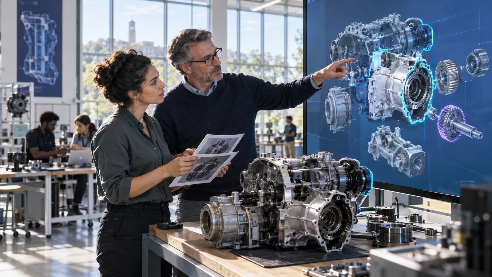 Two educators at a large vertical display compare a real training rig to its twin; selected parts are marked for human review.