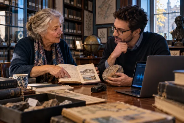 A retiring public-service expert shares a case file with a younger colleague in a warm archive room; a subtle transcript links the spoken account to evidence.
