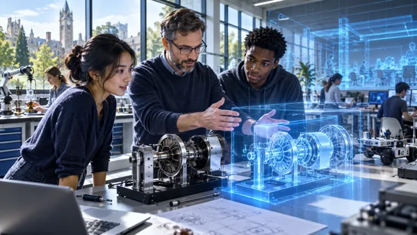 A bright university engineering laboratory becoming a precise blue twin, with one educator and two learners discovering a working teaching rig.