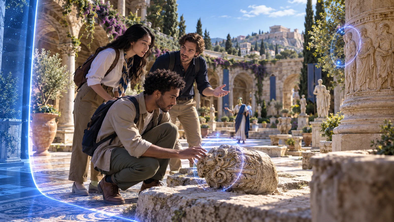 Three learners enter a richly detailed ancient courtyard; discreet clues invite observation, with a guide visible in the distance.