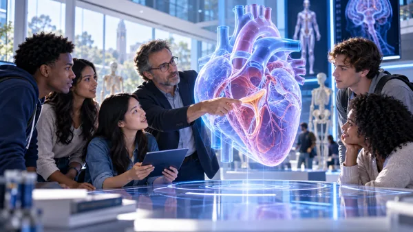 Learners around a large translucent heart in an airy immersive learning space; one mentor points to a valve. Distinct from Genesis’s procedural laboratory.