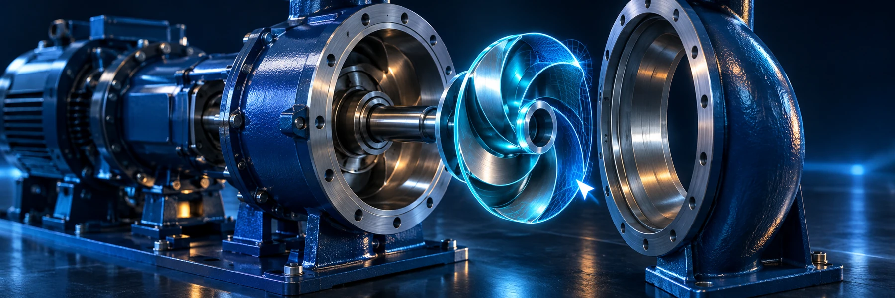 An opened cobalt pump assembly with a selected impeller highlighted in cyan for precise model refinement.