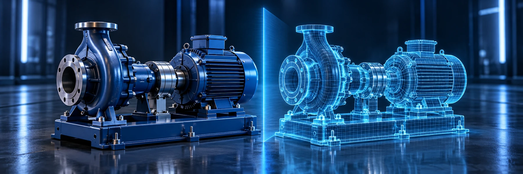 A cobalt pump and motor beside a matching cyan wireframe model, showing physical geometry and its digital twin.