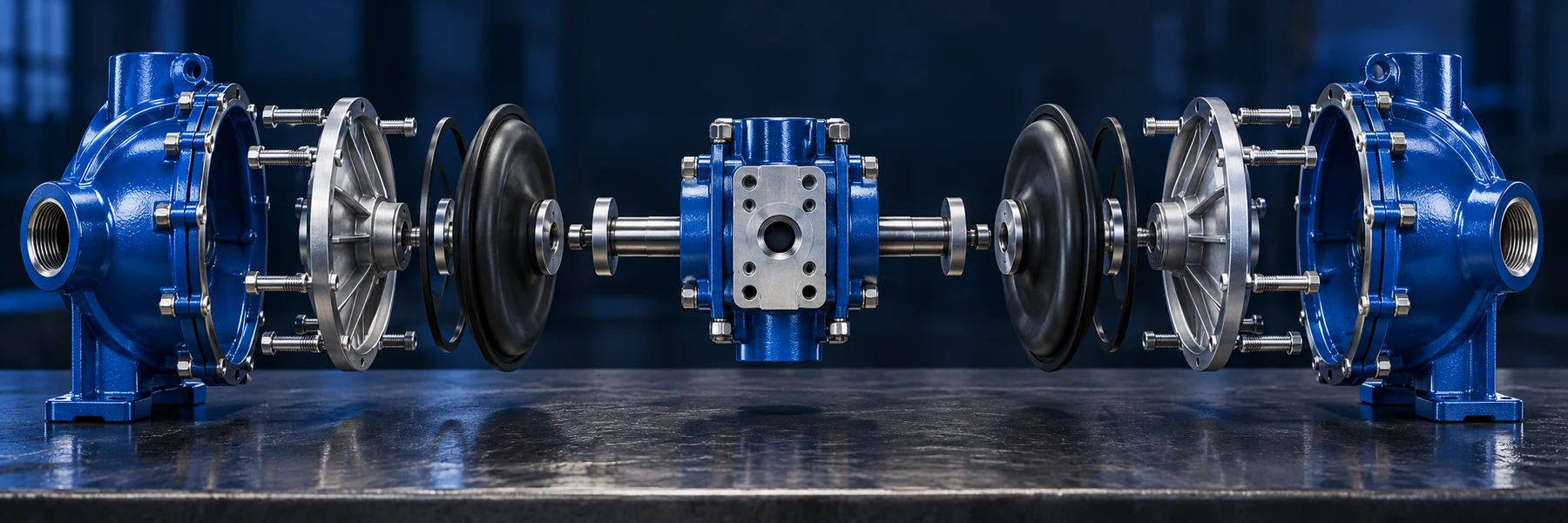 An exploded cobalt diaphragm-pump assembly reveals its casing, diaphragms, shaft and internal structure.
