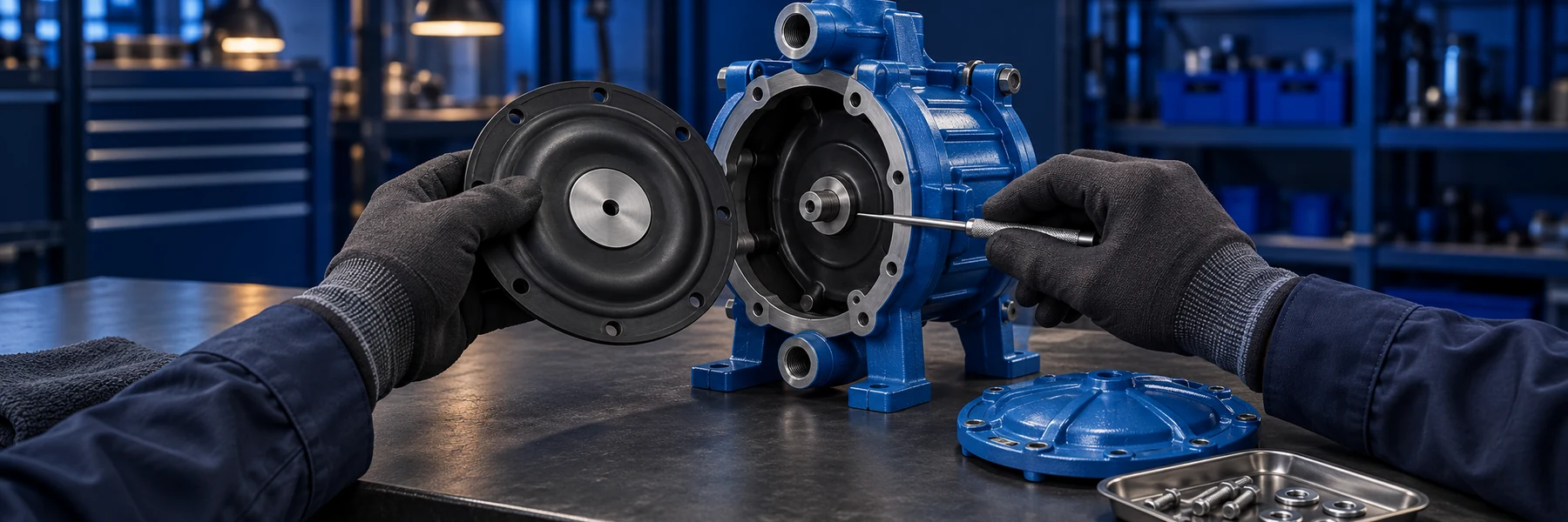 Gloved hands inspect an opened, disconnected diaphragm pump at a training workbench.